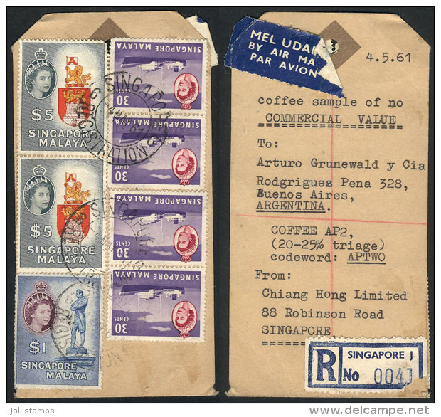 Tag Of A Registered Air Mail Parcel Post Sent To Argentina On 4/MAY/1961, Franked With $12.20, Fine Quality, Very Rare! - Singapour (1959-...)