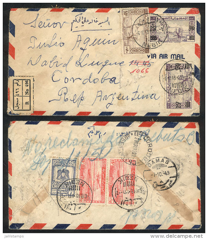 Registered Airmail Cover Sent From NEBIK To Argentina On 6/OC/1949, With Nice Postage On Front And Reverse, VF! - Siria