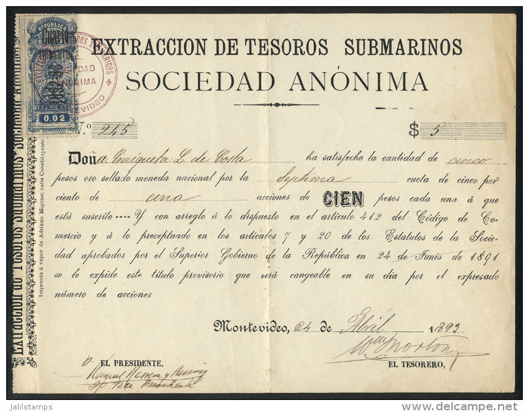 Receipt For The Payment Of Part Of A Share Of "An&oacute;nima Extracci&oacute;n De Tesoros Submarinos" (a Company... - Uruguay