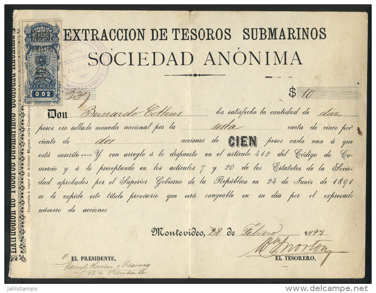 Receipt For The Payment Of Part Of A Share Of "An&oacute;nima Extracci&oacute;n De Tesoros Submarinos" (a Company... - Uruguay