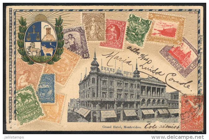 Montevideo: Grand Hotel, Postage Stamps And Coat Of Arms. Sent To Argentina In 1916, VF Quality, Rare! - Uruguay