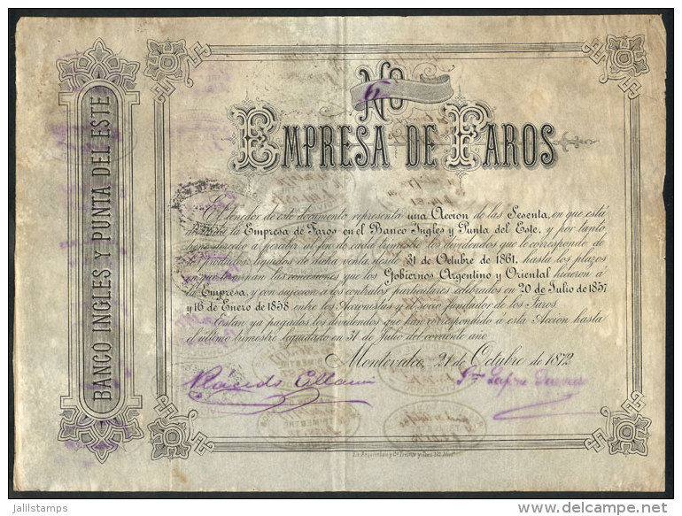 Certificate For 1 Share Of The Year 1872: LIGHTHOUSE Company 'Faros Del Banco Ingl&eacute;s Y Punta Del Este', Very... - Autres & Non Classés