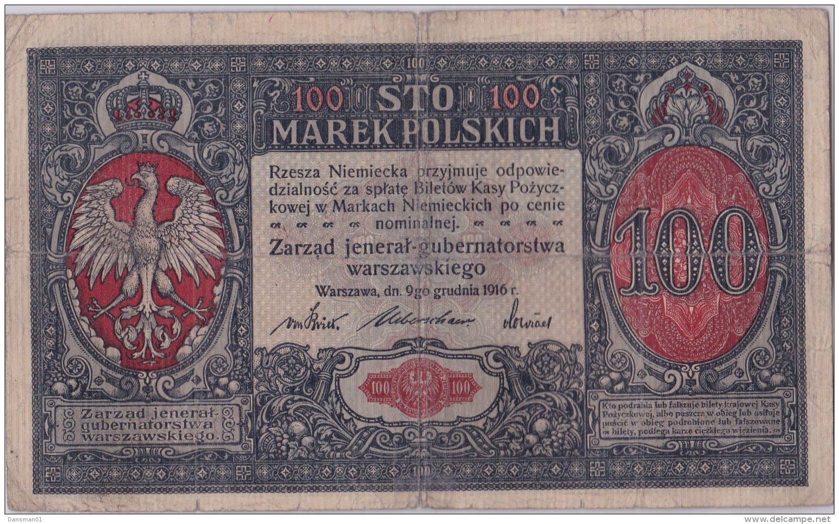 POLAND 1916 German Occuptaion  100 Marek Jeneral Circulated A.571684 - Pologne