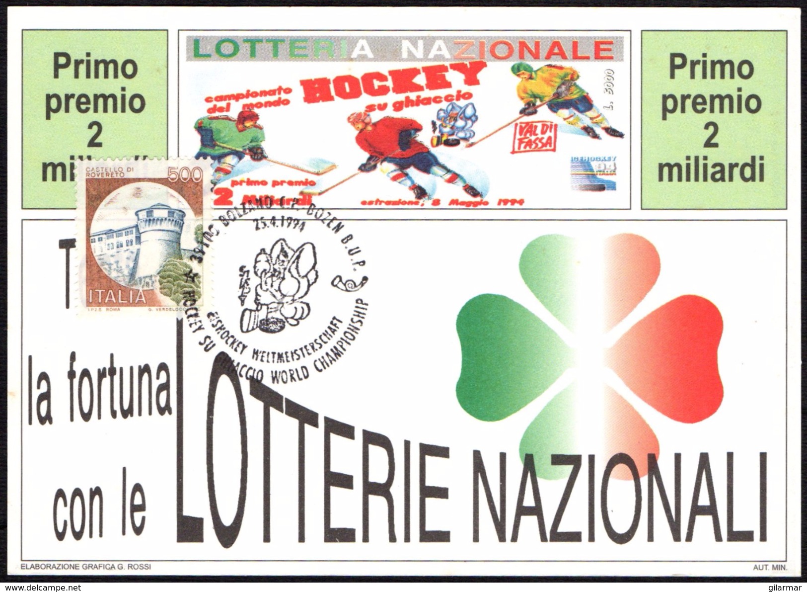 ITALIA BOLZANO 25.04.1994 -  ICE HOCKEY WORLD CHAMPIONSHIP - CARTOLINA LOTTERIA NAZIONALE - Hockey (su Ghiaccio)