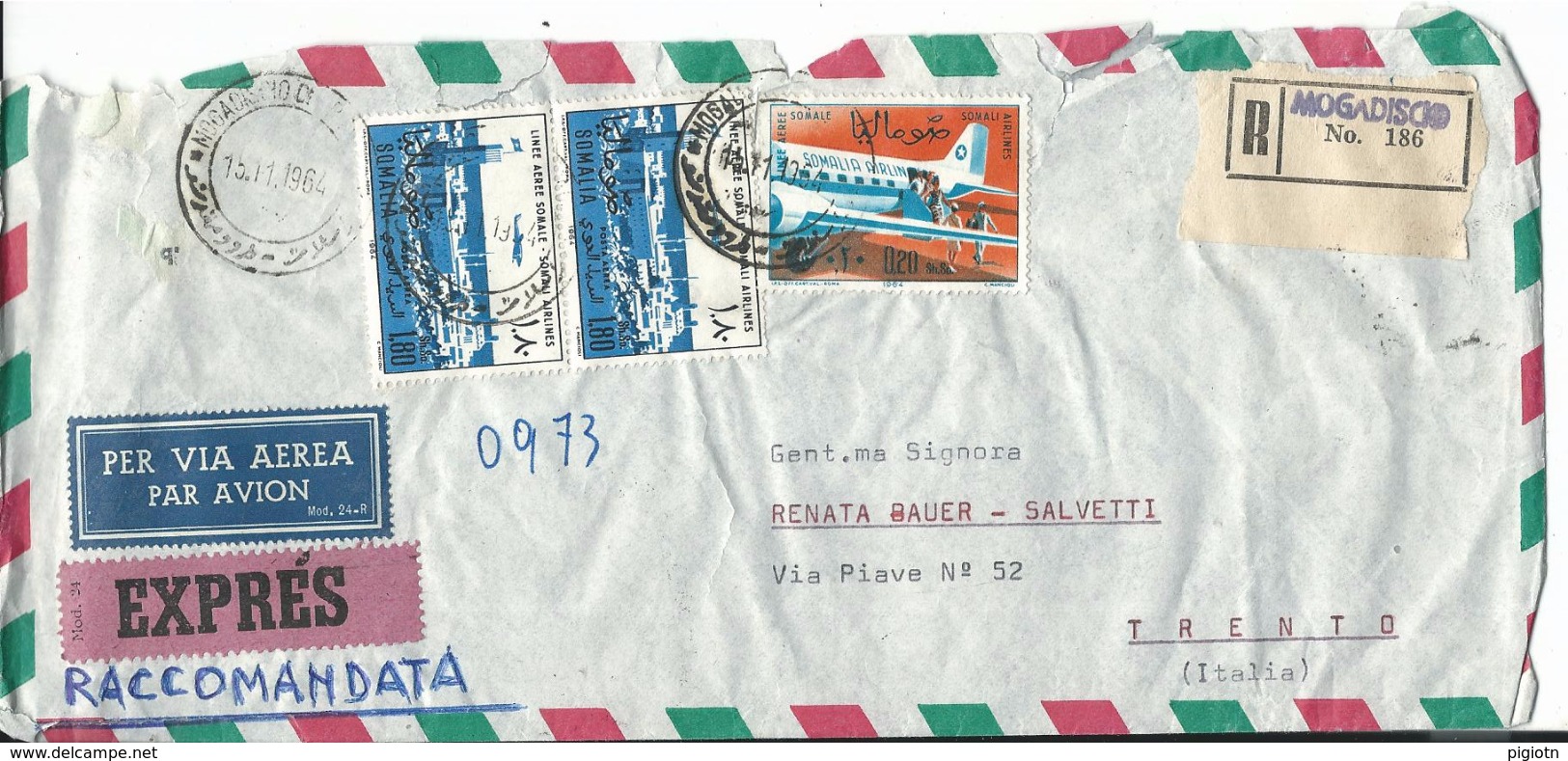 SOM051 - SOMALIA - LETTERA  RACCOMANDATA ESPRESSO PER VIA AEREA - DA MOGADISCIO A TRENTO -  VIAGGIATA 15.11.1964 - Somalia (1960-...)