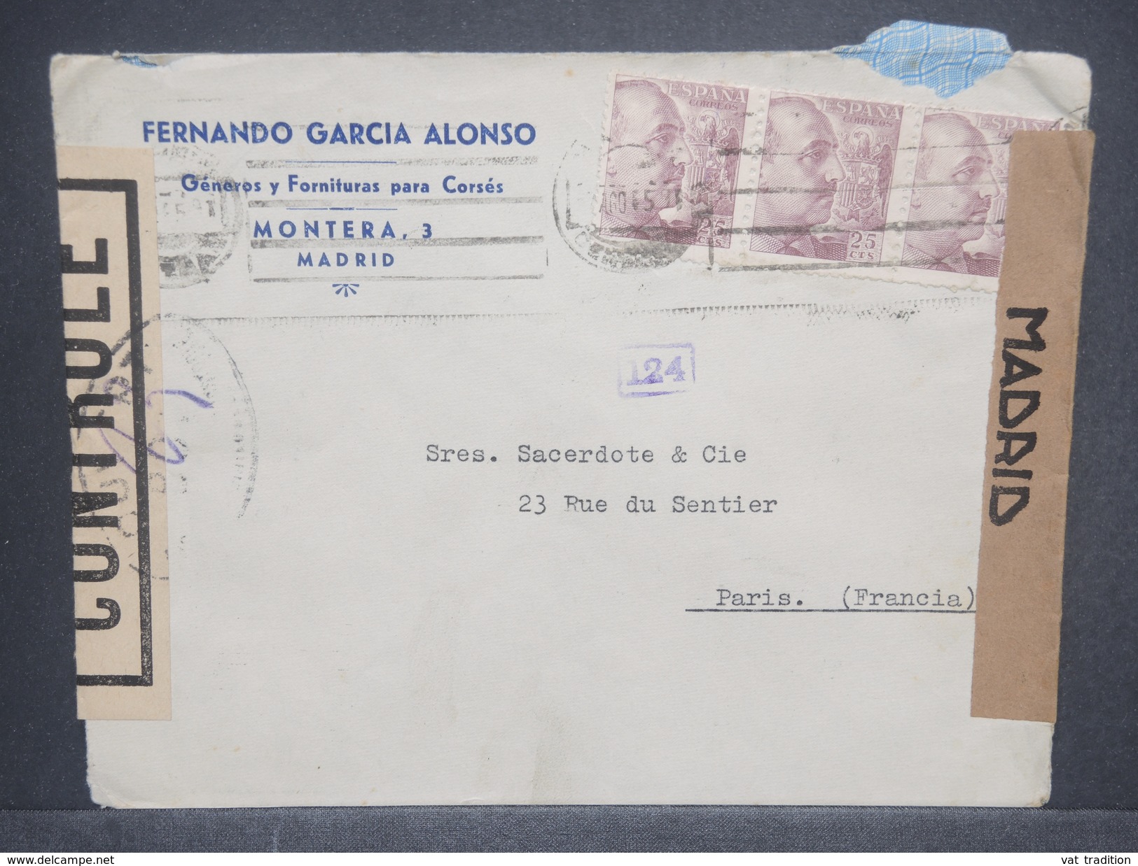 ESPAGNE - Enveloppe Commerciale De Madrid En 1945 Pour Paris Avec Contrôle Postal, Censure De Madrid - L 7358 - Marcas De Censura Nacional