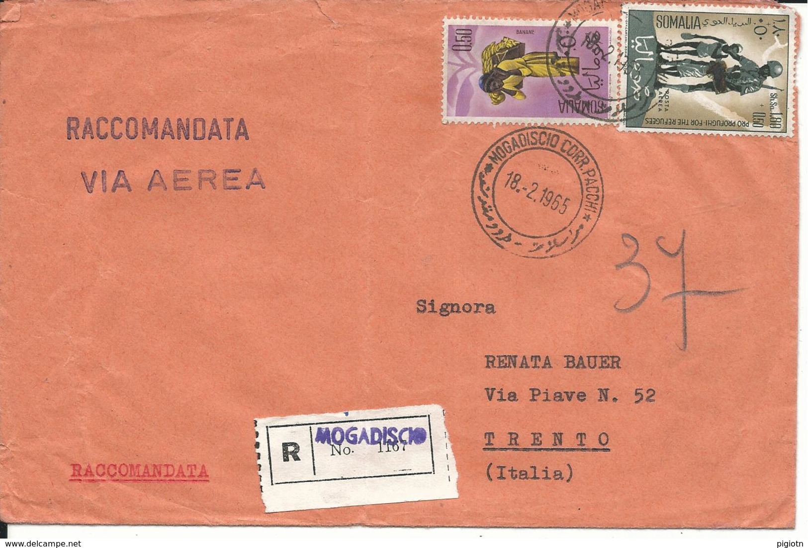 SOM055- SOMALIA - LETTERA  RACCOMANDATA PER VIA AEREA - DA MOGADISCIO A TRENTO -  VIAGGIATA 18.02.1965 - Somalia (1960-...)