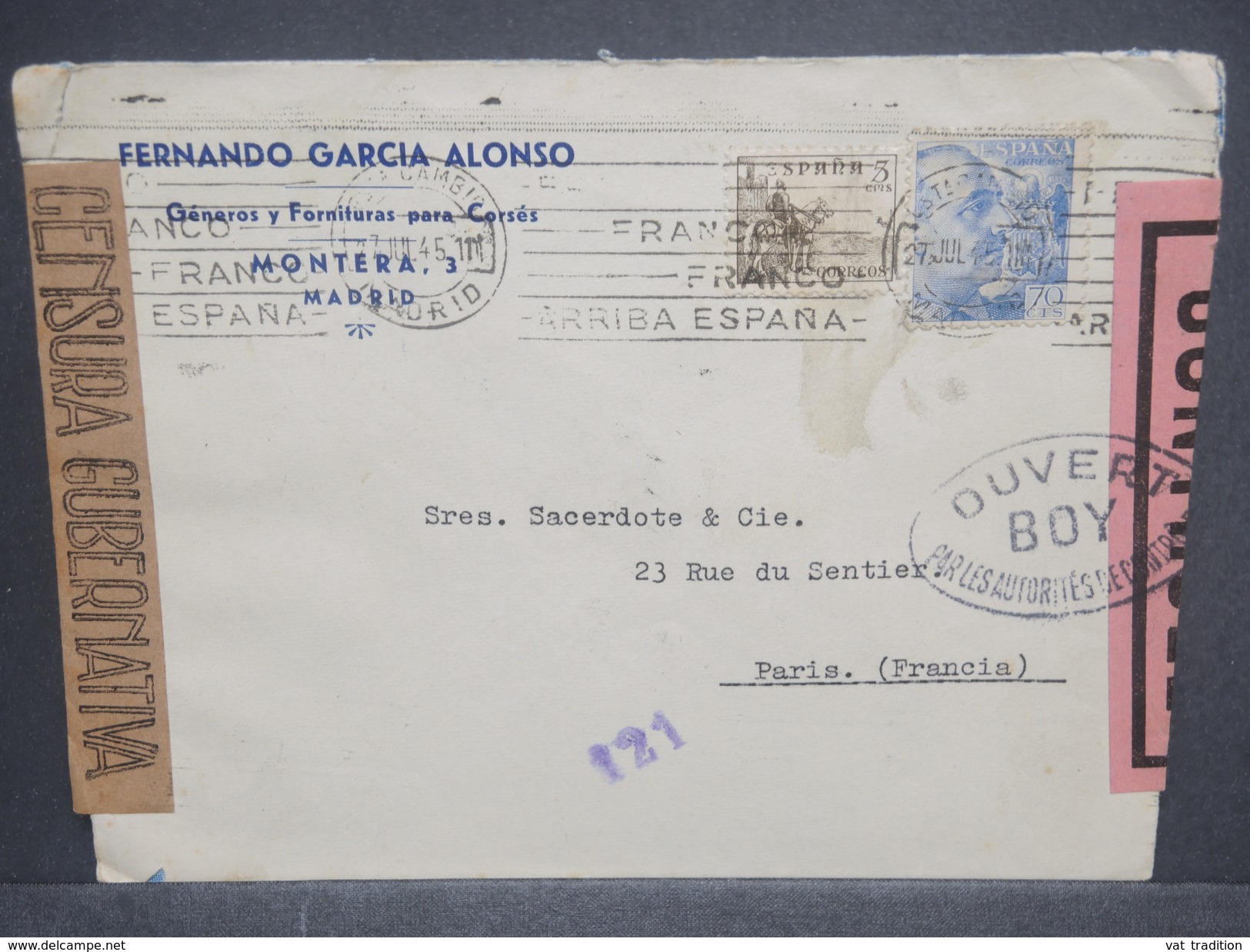 ESPAGNE - Enveloppe Commerciale De Madrid En 1945 Pour Paris Avec Contrôle Postal, Censure De Madrid - L 7359 - Nationalists Censor Marks