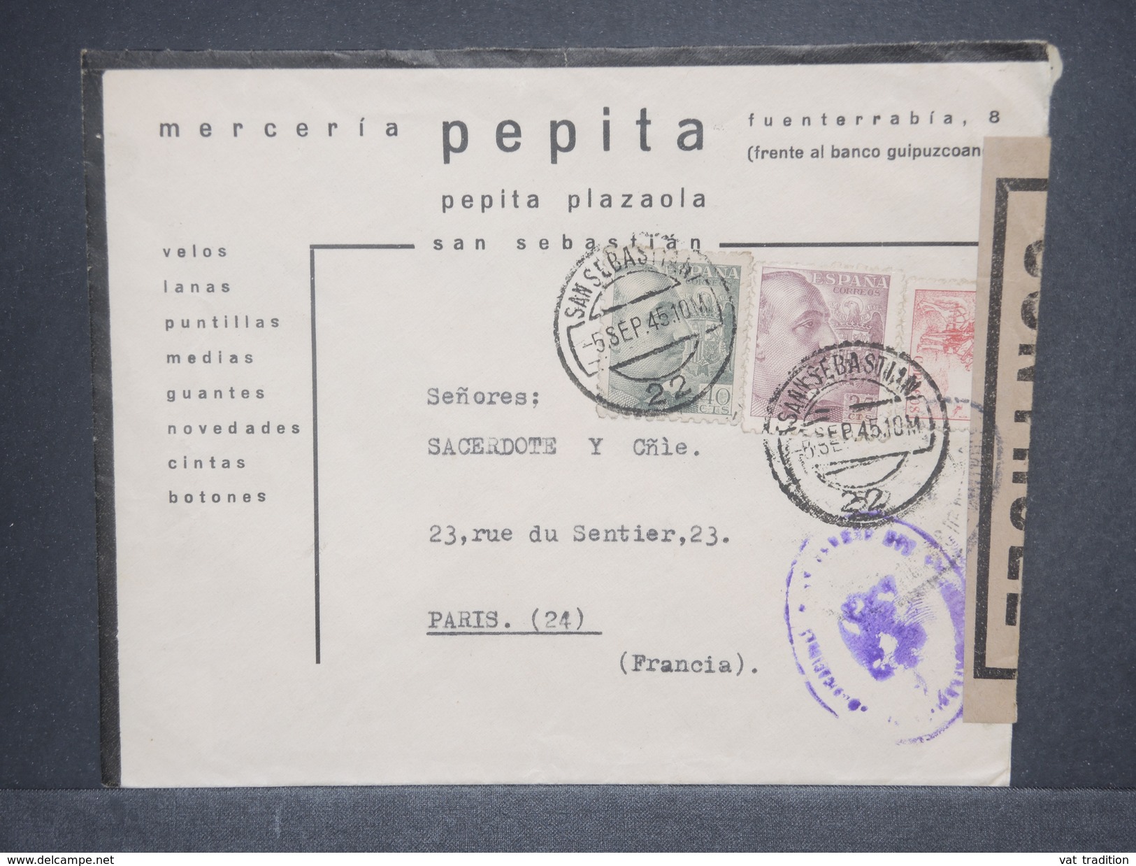 ESPAGNE - Enveloppe Commerciale De San Sebastien En 1945 Pour Paris Avec Contrôle Postal, + Censure - L 7360 - Marques De Censures Nationalistes