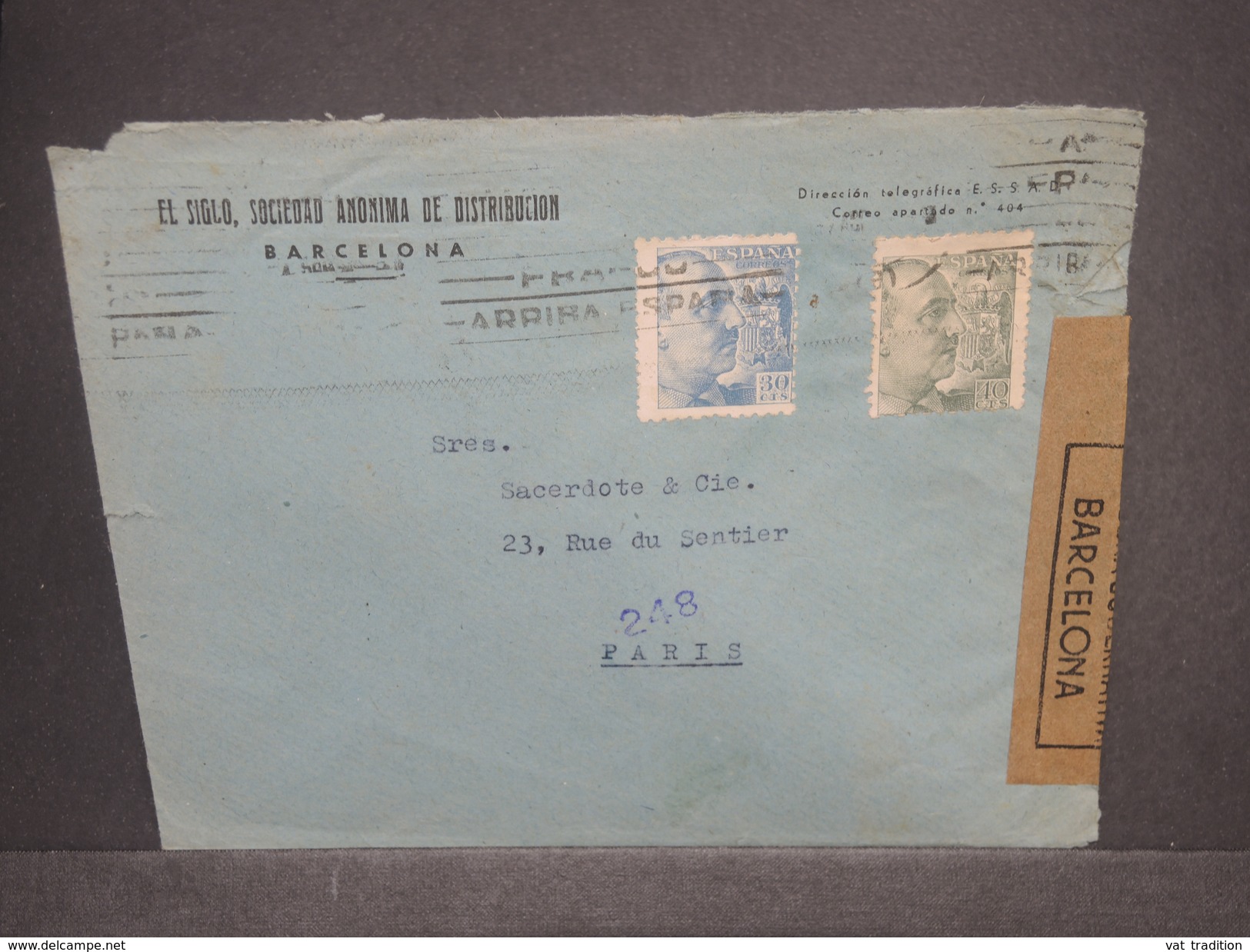 ESPAGNE - Enveloppe Commerciale De Barcelone En 1945 Pour Paris Avec Contrôle Postal, + Censure De Barcelone - L 7366 - Marques De Censures Nationalistes