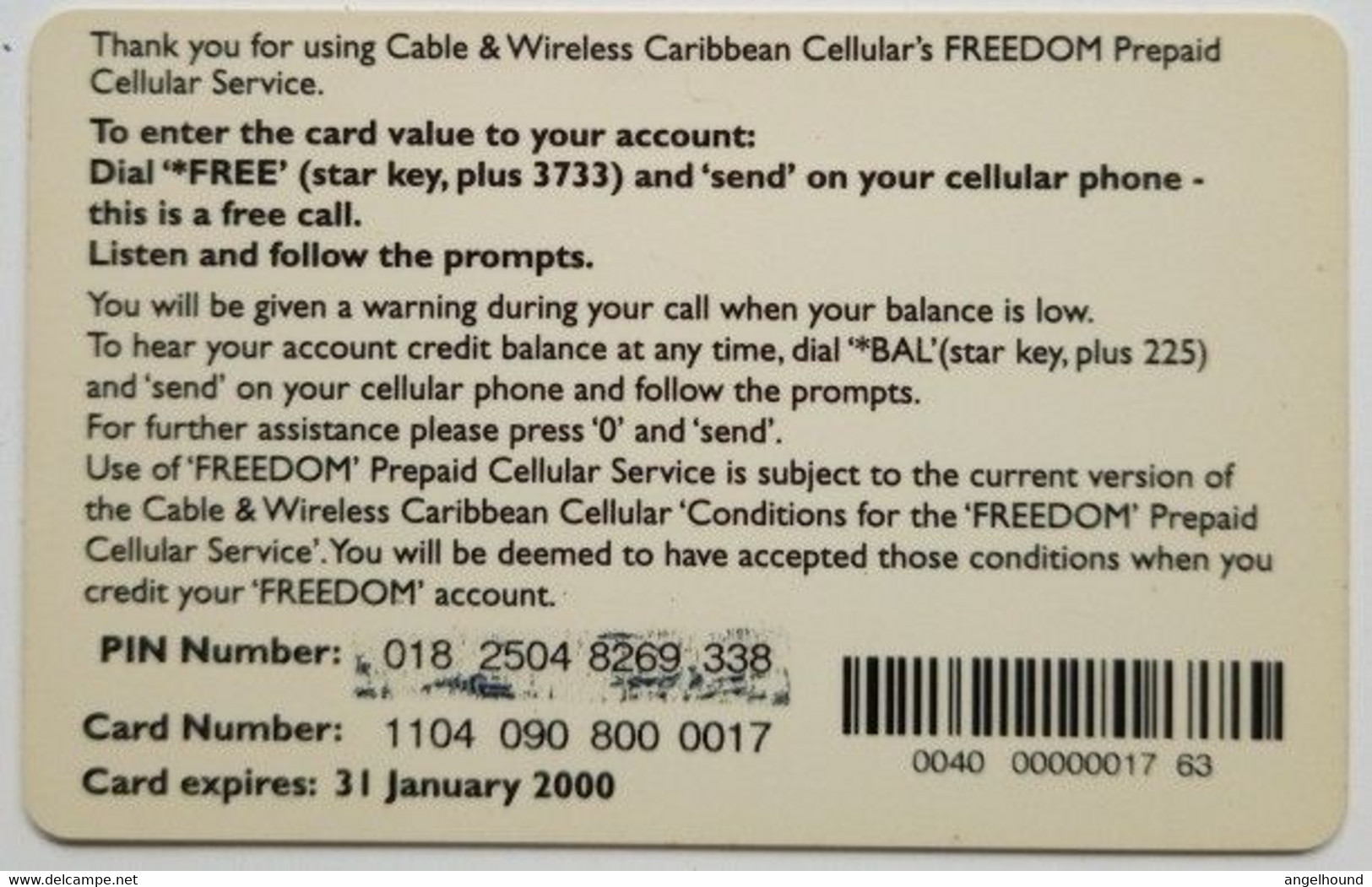 Caribbean Phonecard EC$40 Freedom Cellular - St. Vincent & The Grenadines
