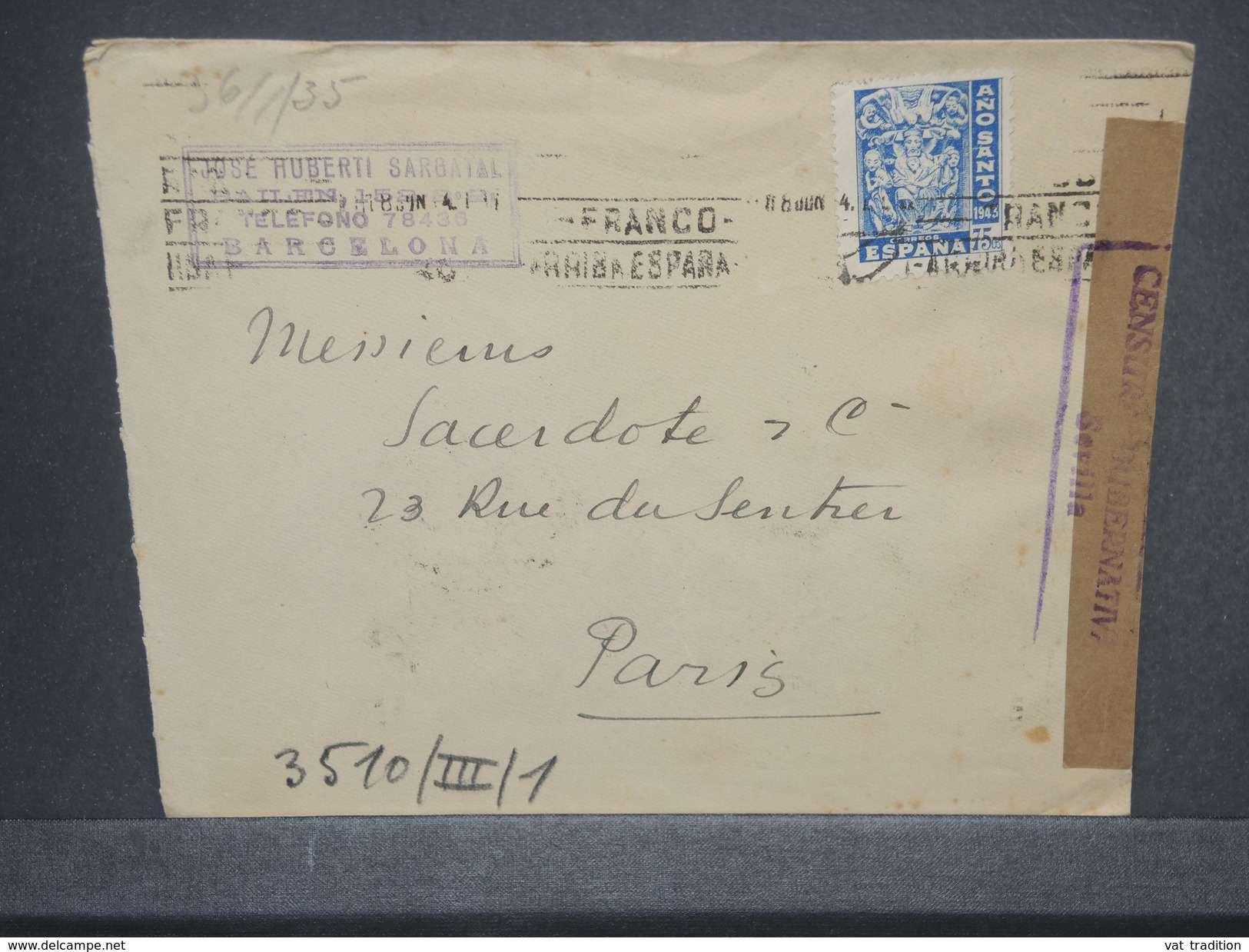 ESPAGNE - Enveloppe Commerciale De Barcelone En 1941 Pour Paris Avec Censure De Séville - L 7372 - Marcas De Censura Republicana