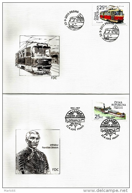 Czech Republic - 2015 - Historical Vehicles - Tram T3 And Steamer Primator Dittrich - FDC (first Day Covers) Set - FDC