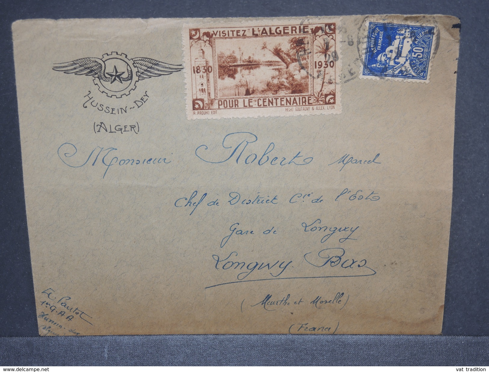 FRANCE / ALGÉRIE - Vignette Touristique Sur Enveloppe D' Hussein Dey En 1929 Pour La France  - L 7376 - Lettres & Documents