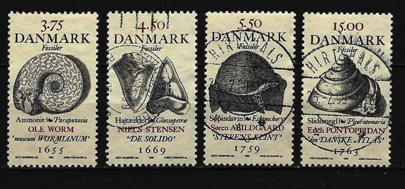 DÄNEMARK Mi-Nr. 1195 - 1198 Historische Fossilienfunde Und Ihre Erstbeschreiber Gestempelt - Gebraucht