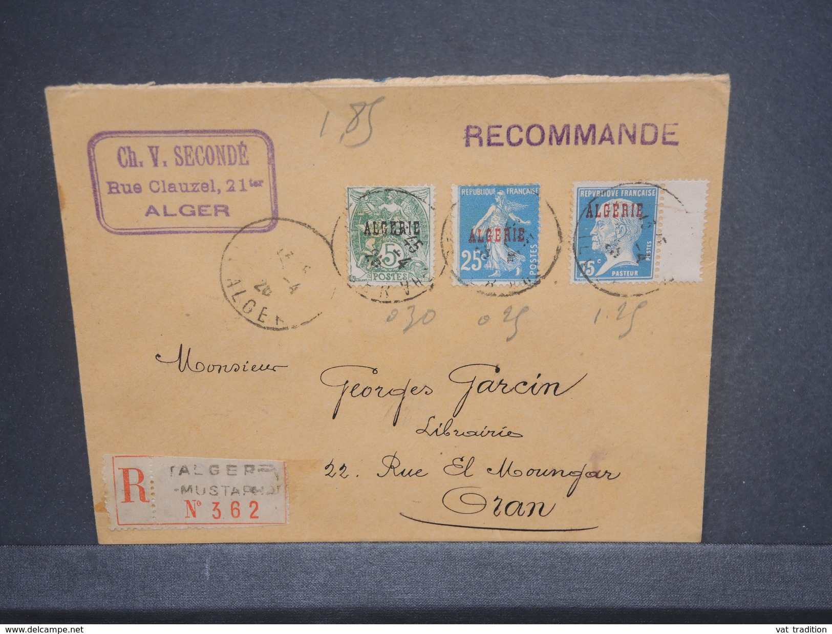 FRANCE / ALGÉRIE - Enveloppe En Recommandé De Alger Pour Oran En 1926, Affranchissement Plaisant - L 7381 - Lettres & Documents