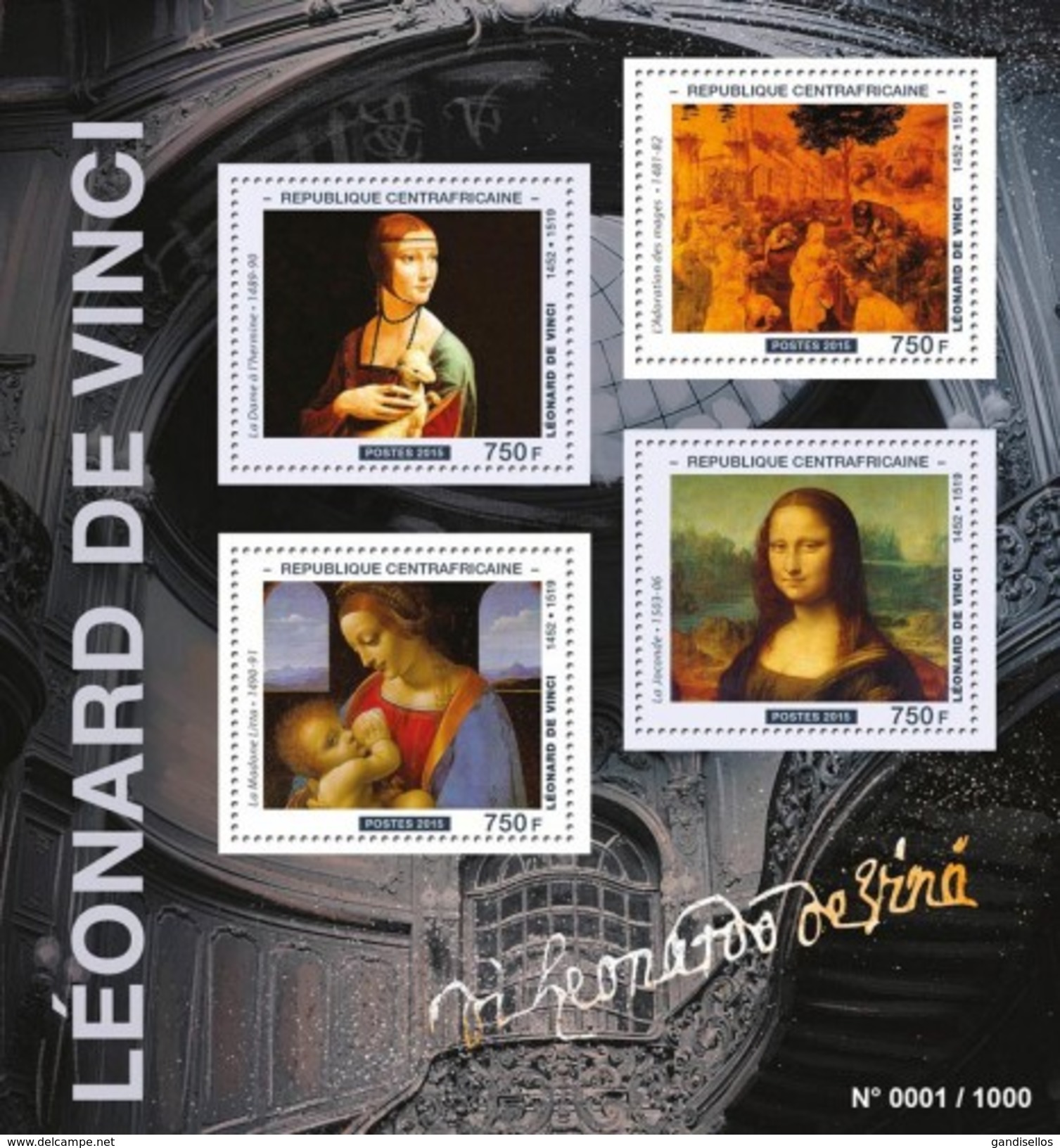 CENTRAFRICAINE 2015 SHEET DA VINCI ART PAINTINGS Ca15516a - Centrafricaine (République)