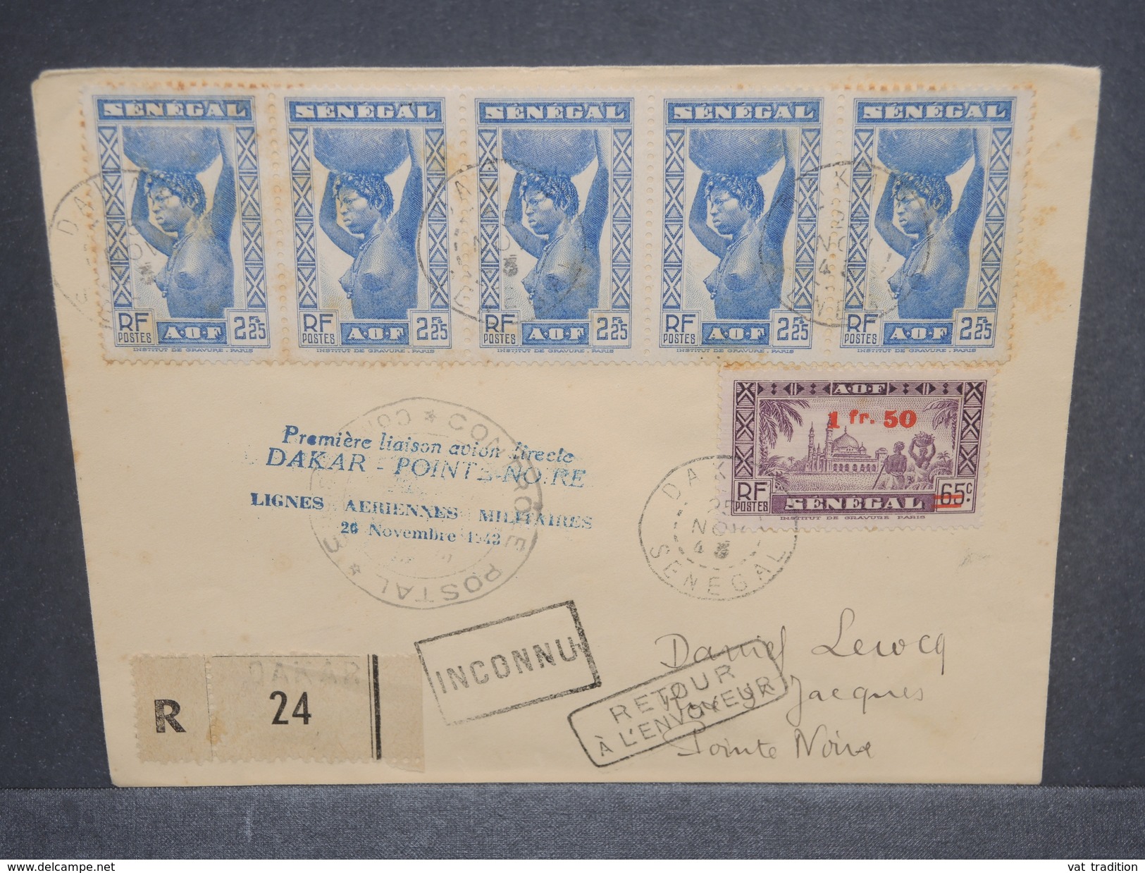 FRANCE / SÉNÉGAL - Enveloppe 1er Vol Dakar / Pointe Noire En 1943 Avec Contrôle Postal , Affr. Plaisant - L 7393 - Lettres & Documents