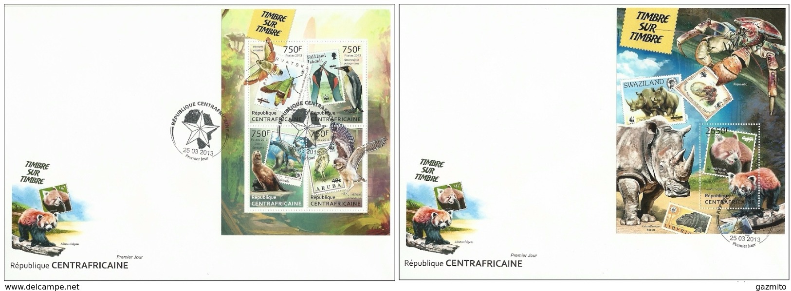 Centrafrica 2013, WWF On Stamps, Butterflies, Rhino, Dolphins, Penguins, Owl, 4val In BF +BF In 2FDC - FDC