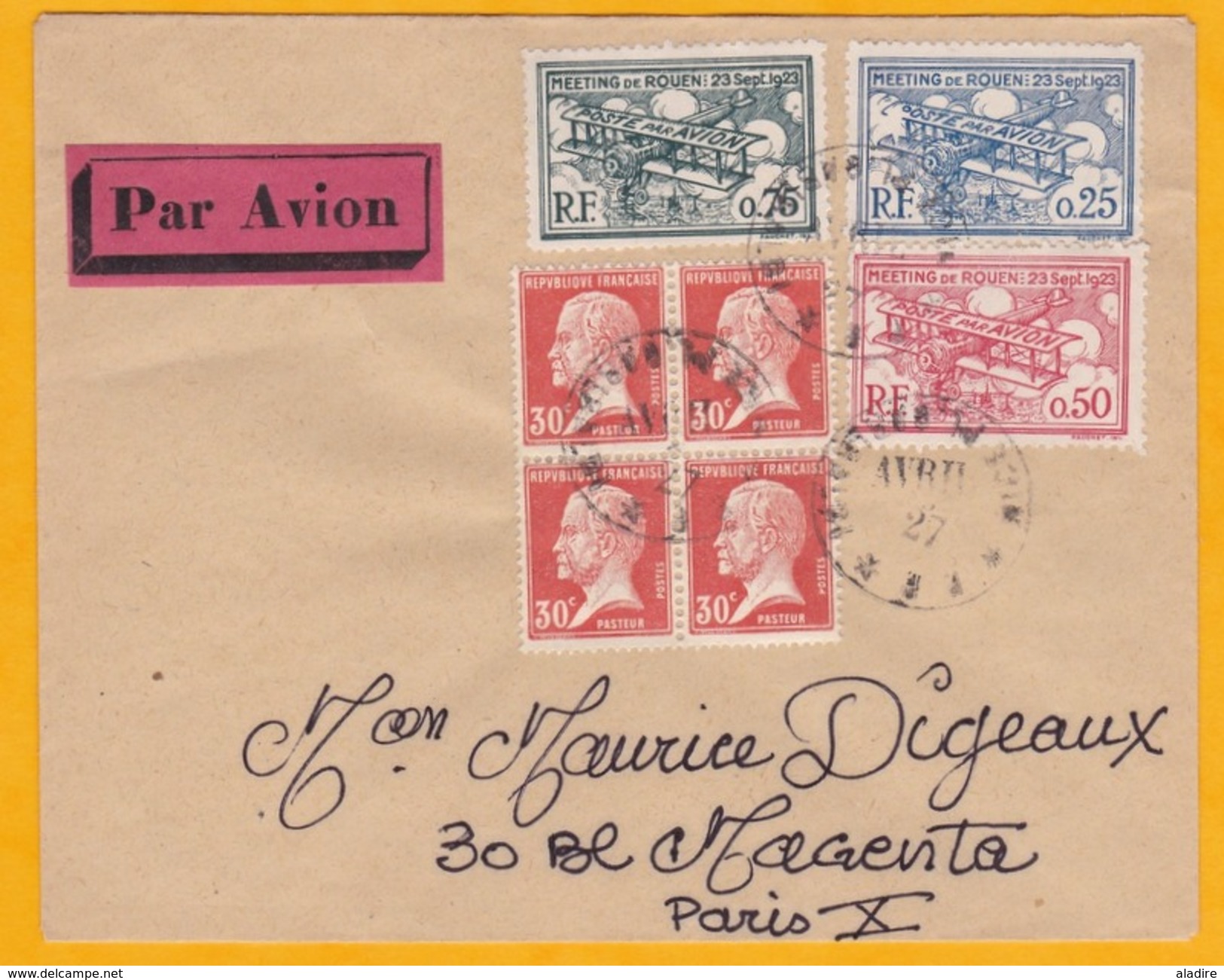 1927 - Enveloppe De Rouen à Paris   - Affranchissement Bloc De 4 Pasteur  - 3 Vignettes Meeting Aérien De Rouen - Lettres & Documents