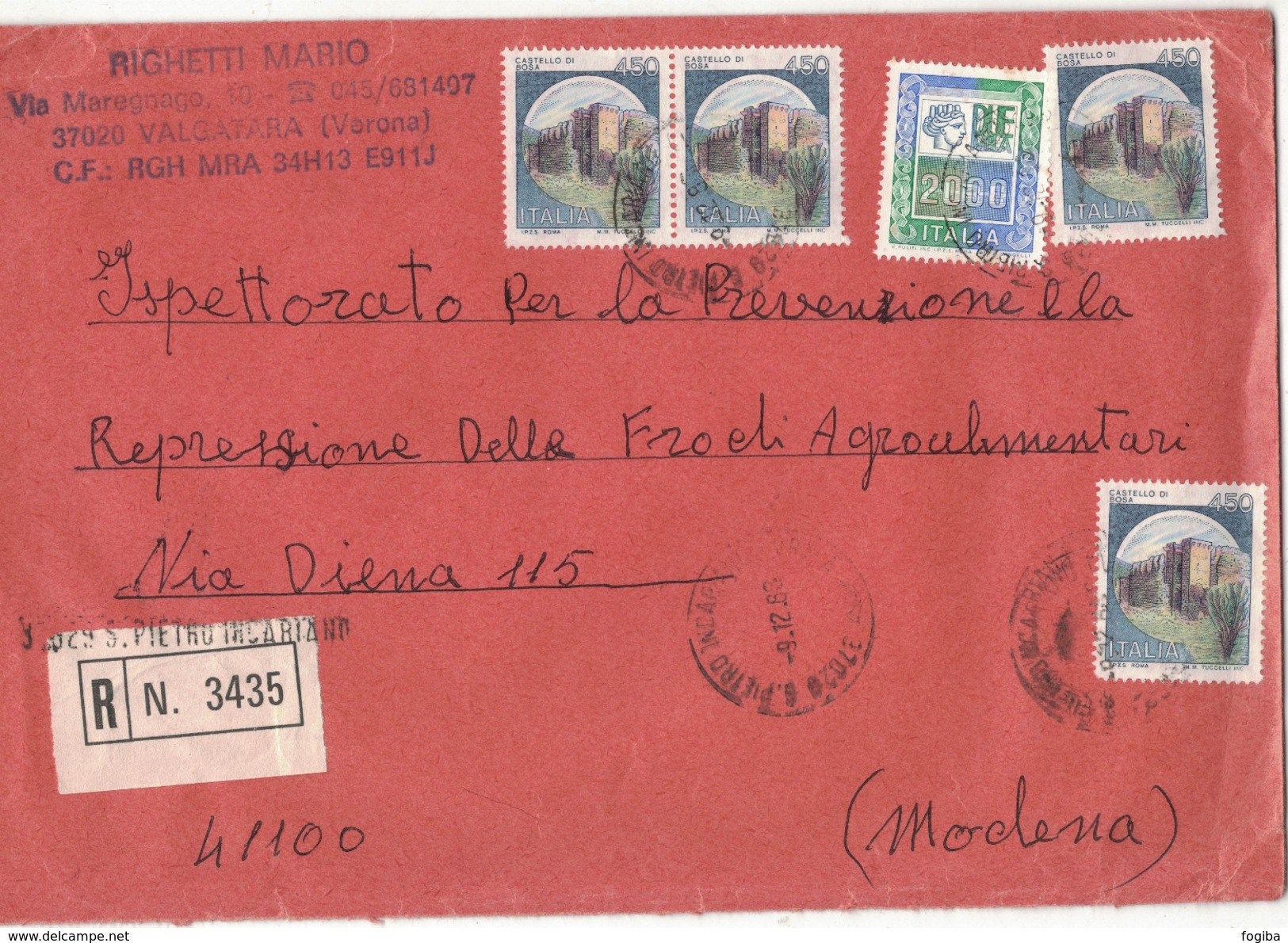 TI254      Storia Postale 1986 Alti Valori + Castelli Su Busta Raccomandata San Pietro In Cariano - 1981-90: Storia Postale