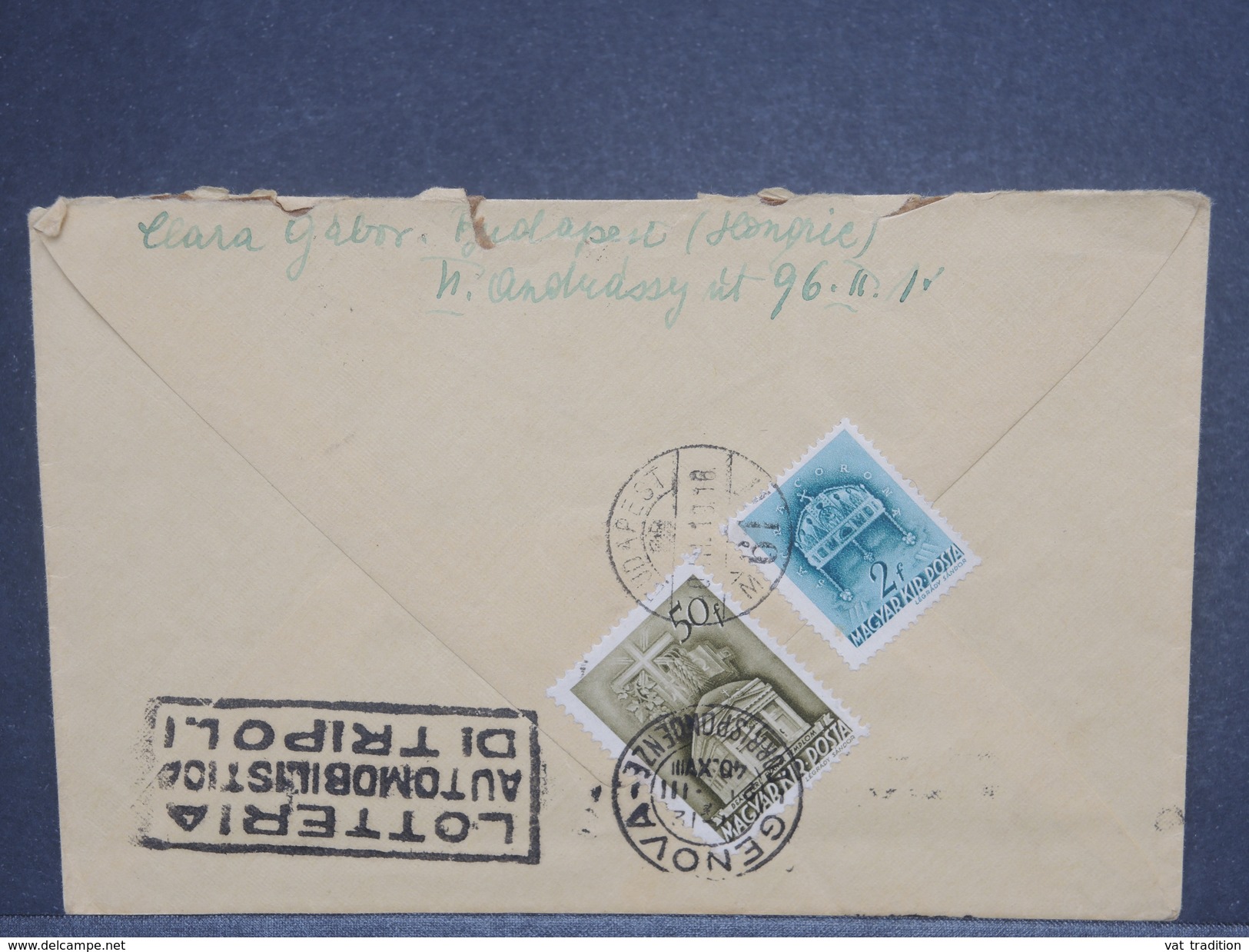 ITALIE - Taxe De Génova Sur Enveloppe De Hongrie En 1939 , Affranchissement Au Verso - L 7412 - Postage Due