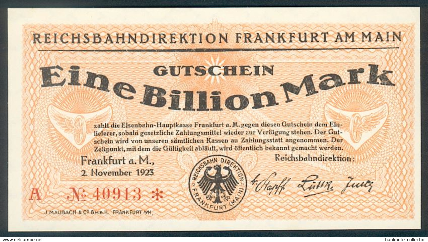 Deutschland, Germany, REICHSBAHNDIREKTION - FRANKFURT AM MAIN, 1 Billionen Mark, 1923 ! - 1 Biljoen Mark
