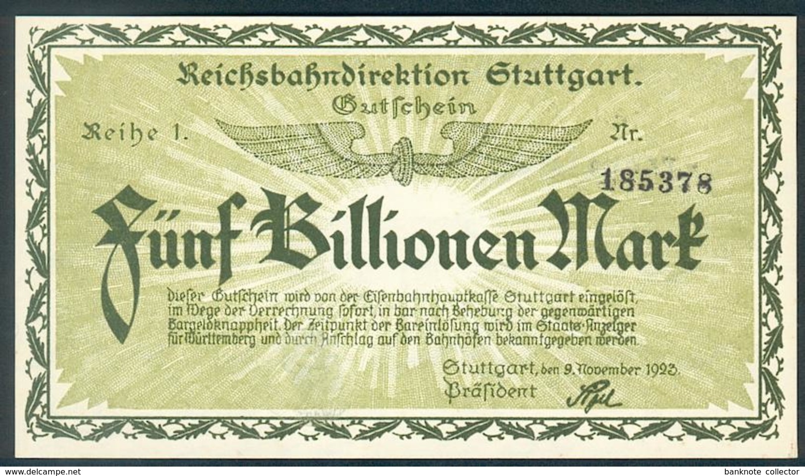 Deutschland, Germany, Reichsbahndirektion Stuttgart - 5 Billion Mark, 1923 ! - 5 Biljoen Mark
