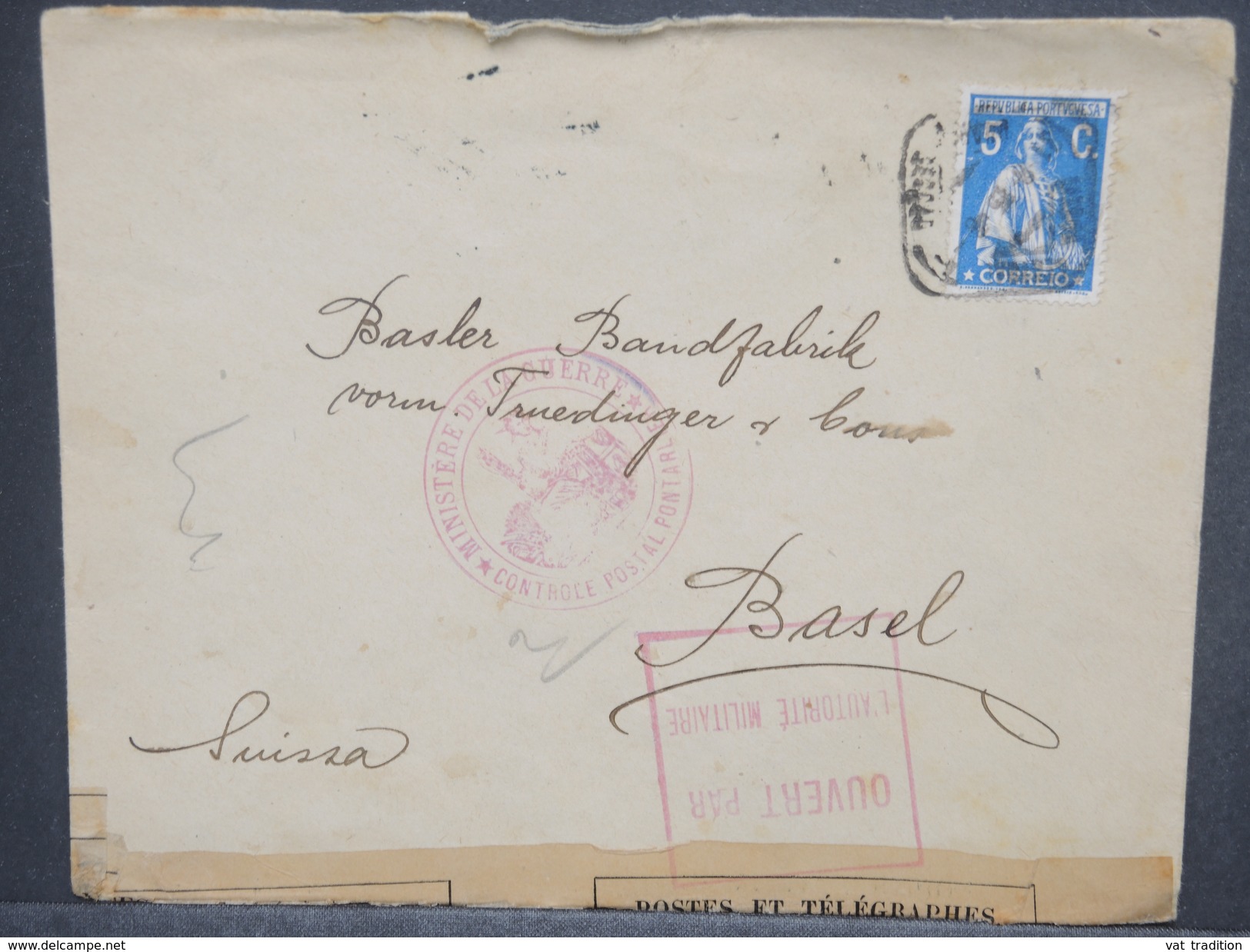 PORTUGAL - Enveloppe Pour La Suisse En 1915 Avec Contrôle Postal, Affr. Plaisant - L 7433 - Lettres & Documents