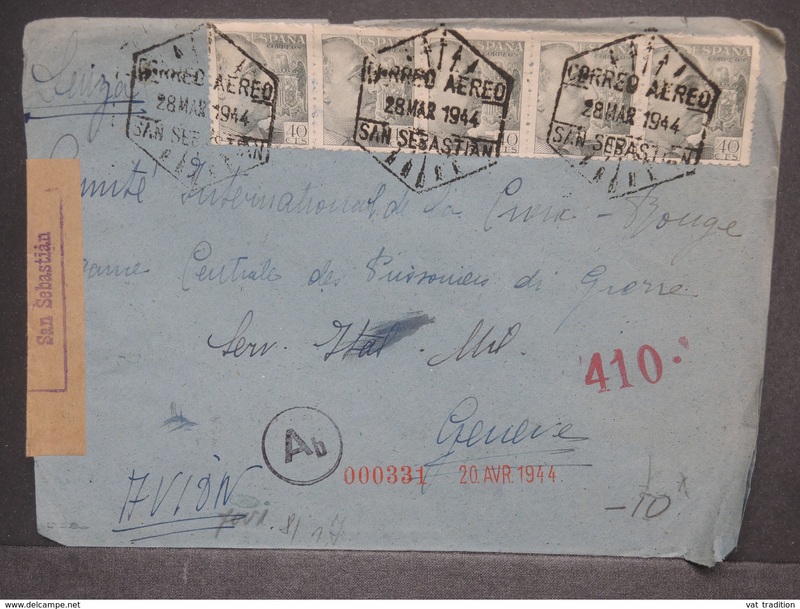 ESPAGNE - Enveloppe De San Sébastien Par Avion  Pour Genève En 1944 Avec Censure , Contrôle Postal, - L 7442 - Marcas De Censura Nacional