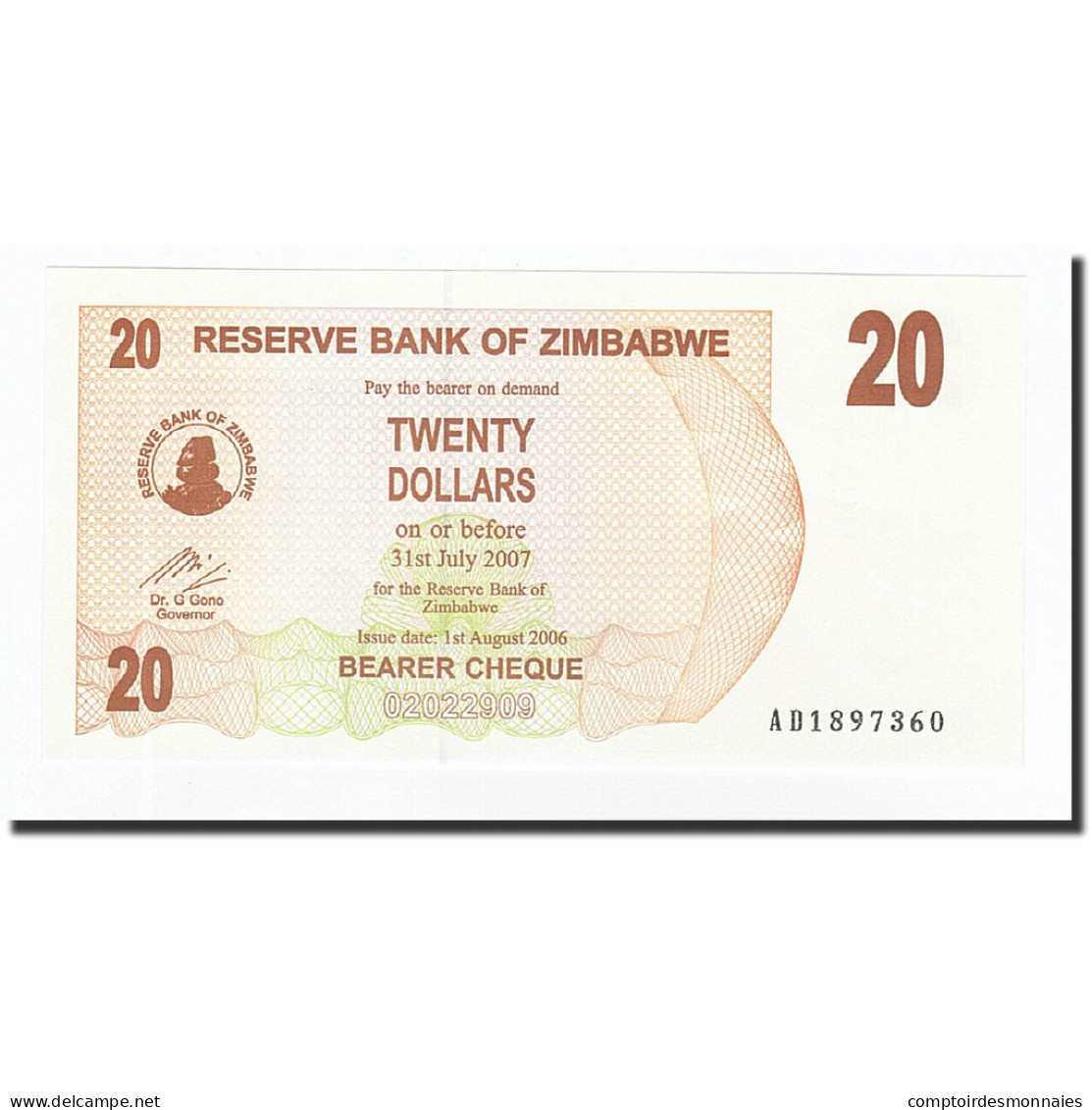 Billet, Zimbabwe, 20 Dollars, 2006-08-01, KM:40, NEUF - Simbabwe