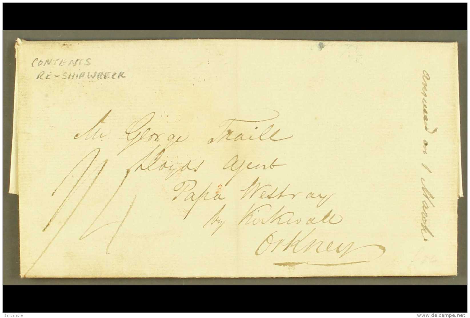 1834 INWARD ENTIRE LLOYDS AGENT AT TO PAPA WESTRAY, ORKNEY RE. SHIP WRECK (Feb 14th) Entire Letter From Insurers... - Autres & Non Classés