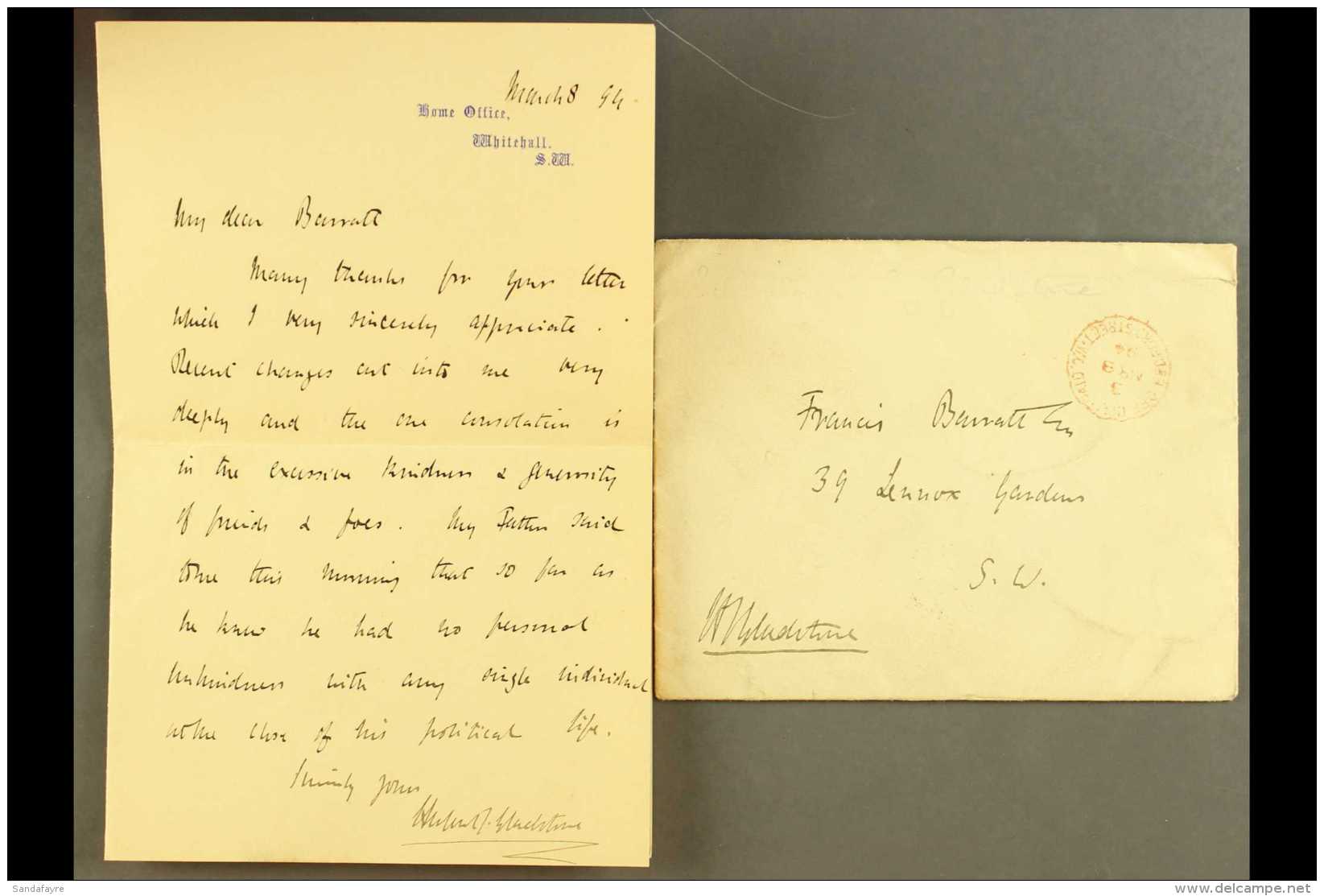 1894 W.E. GLADSTONE - SIGNED LETTER AND OFFICIAL PAID SIGNED ENVELOPE 1894 (8th March) Envelope And Letter Of... - Autres & Non Classés