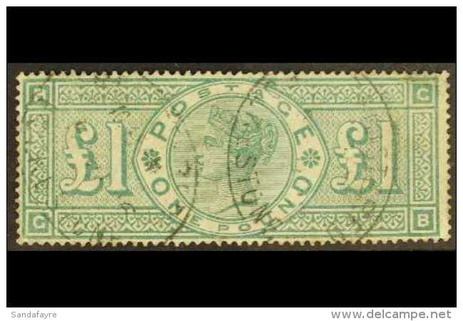 1891 &pound;1 Green, SG 212, Check Letters "G - B", Good Used With Two Light Folkstone Registered Ovals, NE &amp;... - Autres & Non Classés