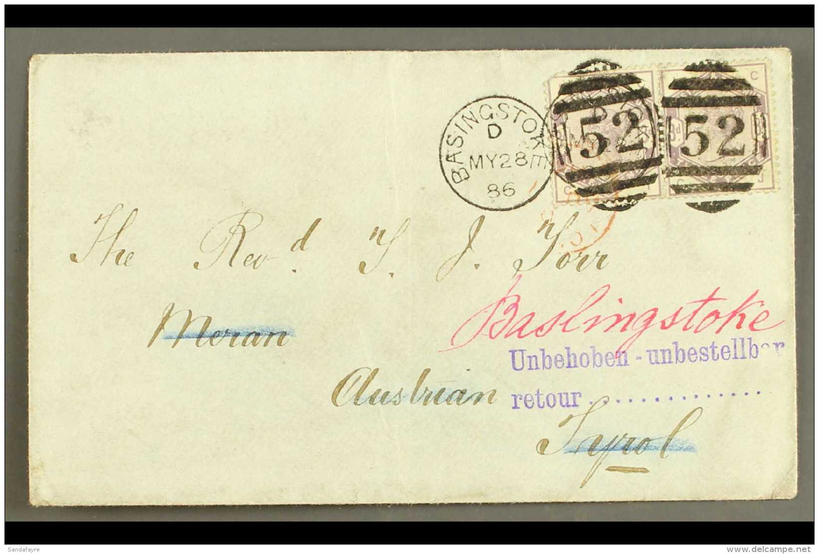 1886 (28 MAY) COVER TO AUSTRIAN TYROL Bearing 1883-84 3d Lilac Pair With Good Colour, SG 191, These Tied By Fine... - Sonstige & Ohne Zuordnung