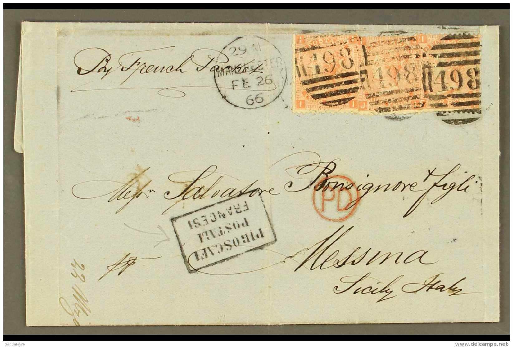 1866 12D FRANKING TO ITALY WITH PIROSCAFI MARKING (Feb) Entire Letter To Messina, Sicily, Bearing 4d Vermilion SG... - Autres & Non Classés