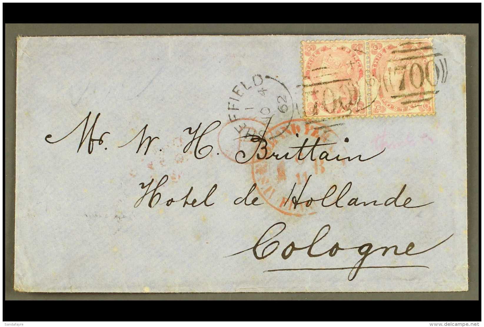 1862 (Nov) Envelope To Cologne, Bearing 3d Carmine Rose, SG 76 Pair, Tied By Sheffield Sideways Duplex, Transit... - Autres & Non Classés