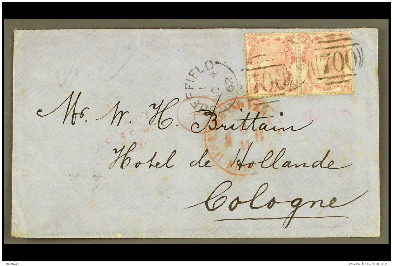 1862 (Nov) Envelope To Cologne, Bearing 3d Carmine Rose, SG 76 Pair, Tied By Sheffield Sideways Duplex, Transit... - Altri & Non Classificati