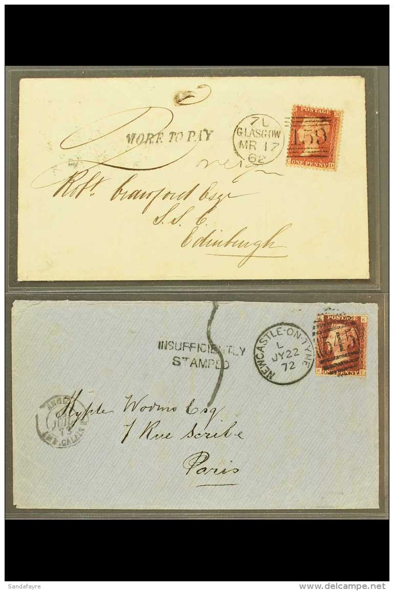 1862 "MORE TO PAY" &amp; 1872 "INSUFFICIENTLY STAMPED" FINE STRIKES ON COVERS 1862 Glasgow To Edinburgh With 1d... - Autres & Non Classés