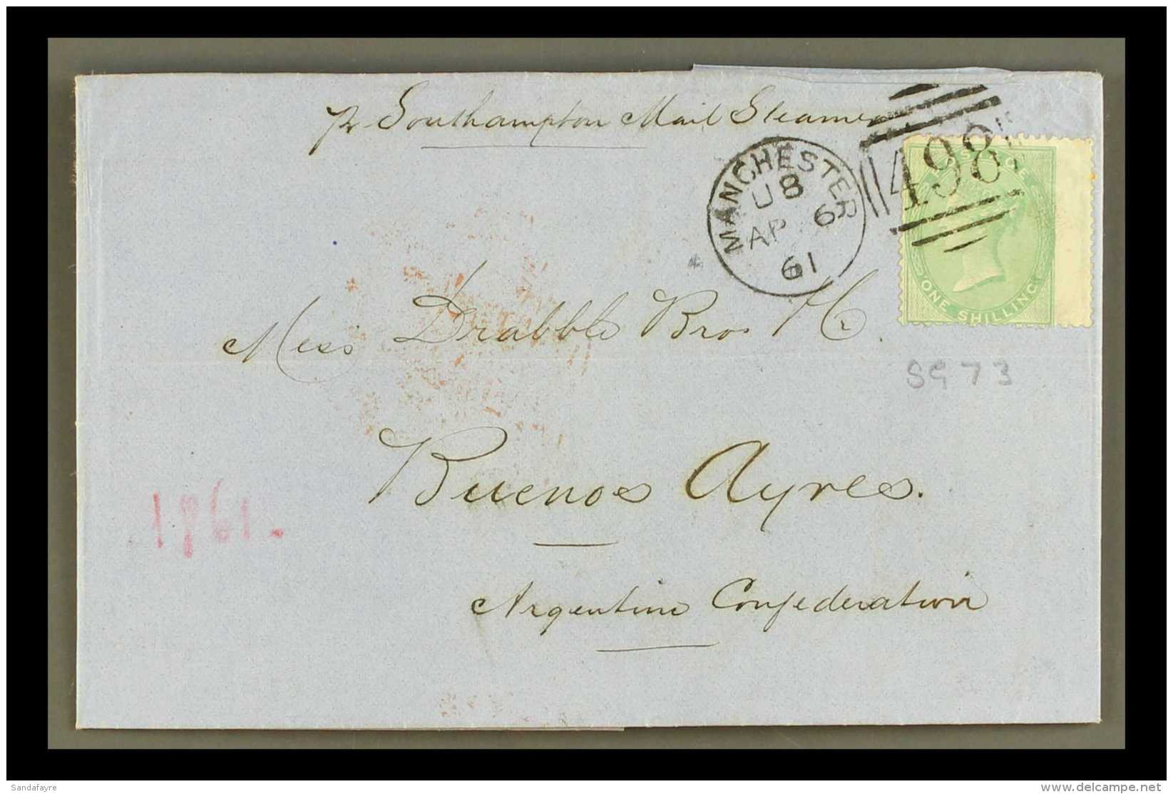 1861 1S FRANKING TO ARGENTINA (April) Entire Letter "Per Southampton Mail Steamer", Bearing 1s Green SG 73, Wing... - Autres & Non Classés