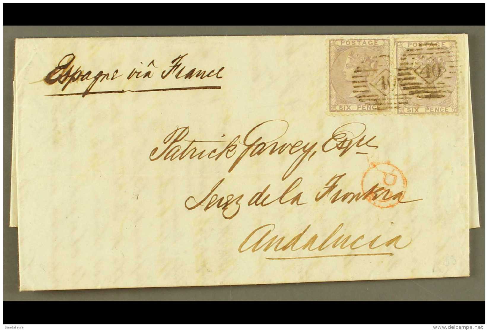 1860 ENTIRE LETTER TO SPAIN WITH 6D LILAC X2, SUNDAY "SUN" DATE STAMP IN BLUE (Dec) Entire Letter To Andalucia,... - Altri & Non Classificati