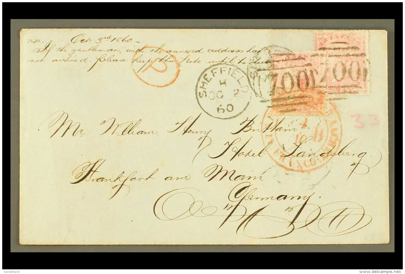 1860 (Oct) An Attractive Envelope To Frankfurt, Germany, Bearing 4d Rose X2, SG 66, Tied By Sheffield Duplex,... - Altri & Non Classificati