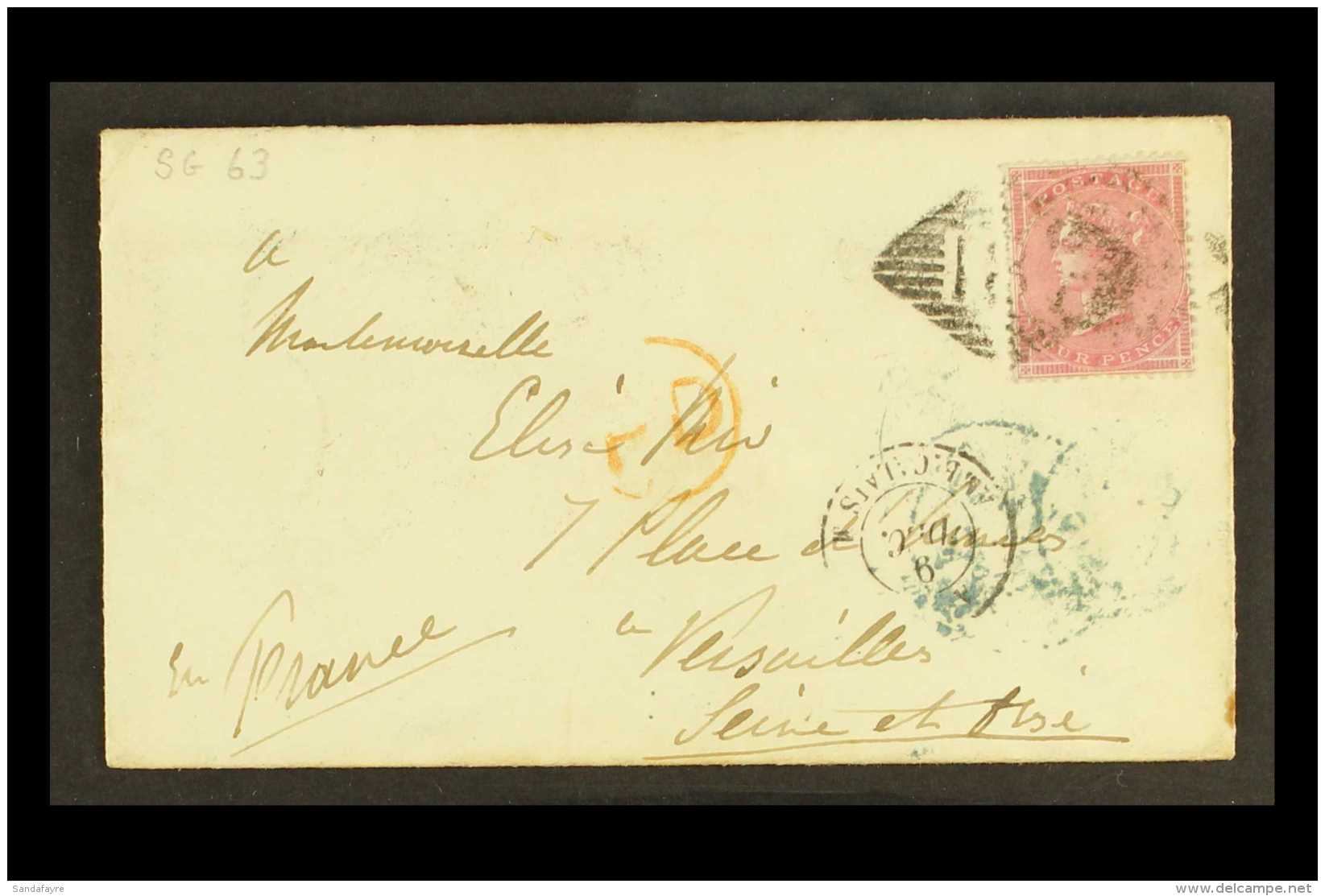 1856 Cover To Versailles, France, Bearing 4d Carmine Wmk Medium Garter, SG 63, Tied By "187" (Dundalk) Numeral... - Altri & Non Classificati