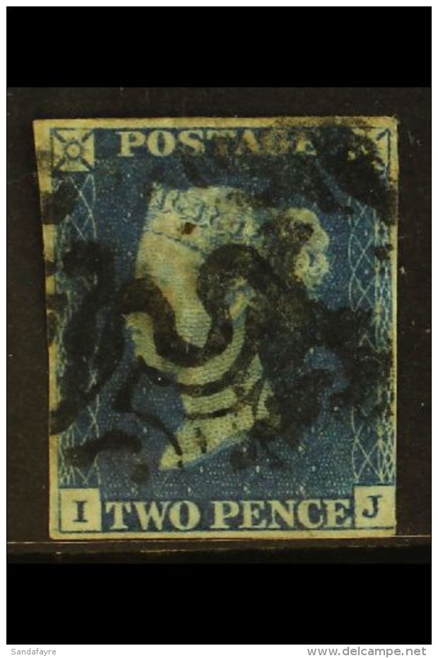 1840 2d Blue 'IJ' Plate 2, SG 5, Used With Black Maltese Cross Postmarks, 3+ Margins Just Touching At Lower Right,... - Autres & Non Classés