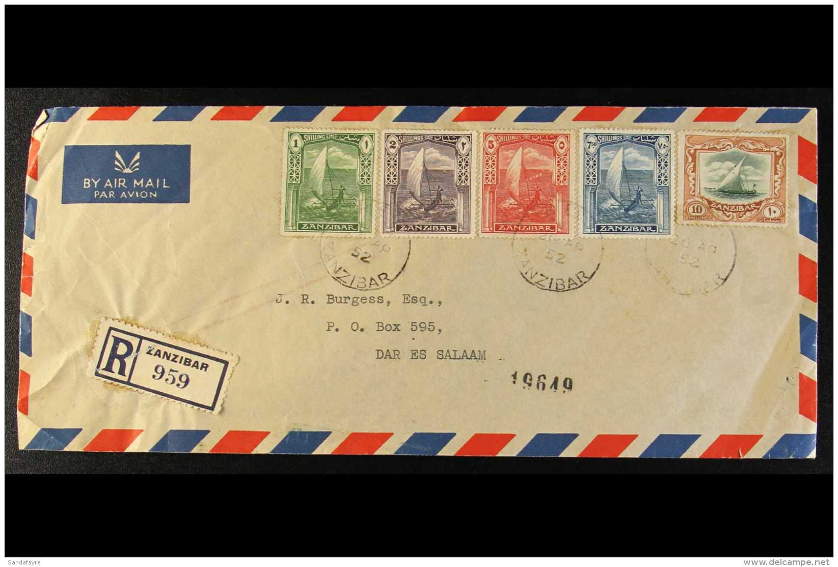 1936 1s To 10s High Values, SG 318/22, Neatly Used On 1952 Registered Airmail Cover. For More Images, Please Visit... - Zanzibar (...-1963)