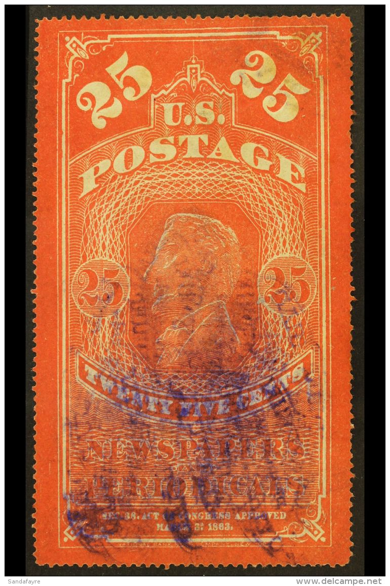 NEWSPAPER STAMP 1865 25c Carmine Red, Scott PR3, A Rare USED Example Cancelled By Multiple Strikes Of A Violet... - Autres & Non Classés