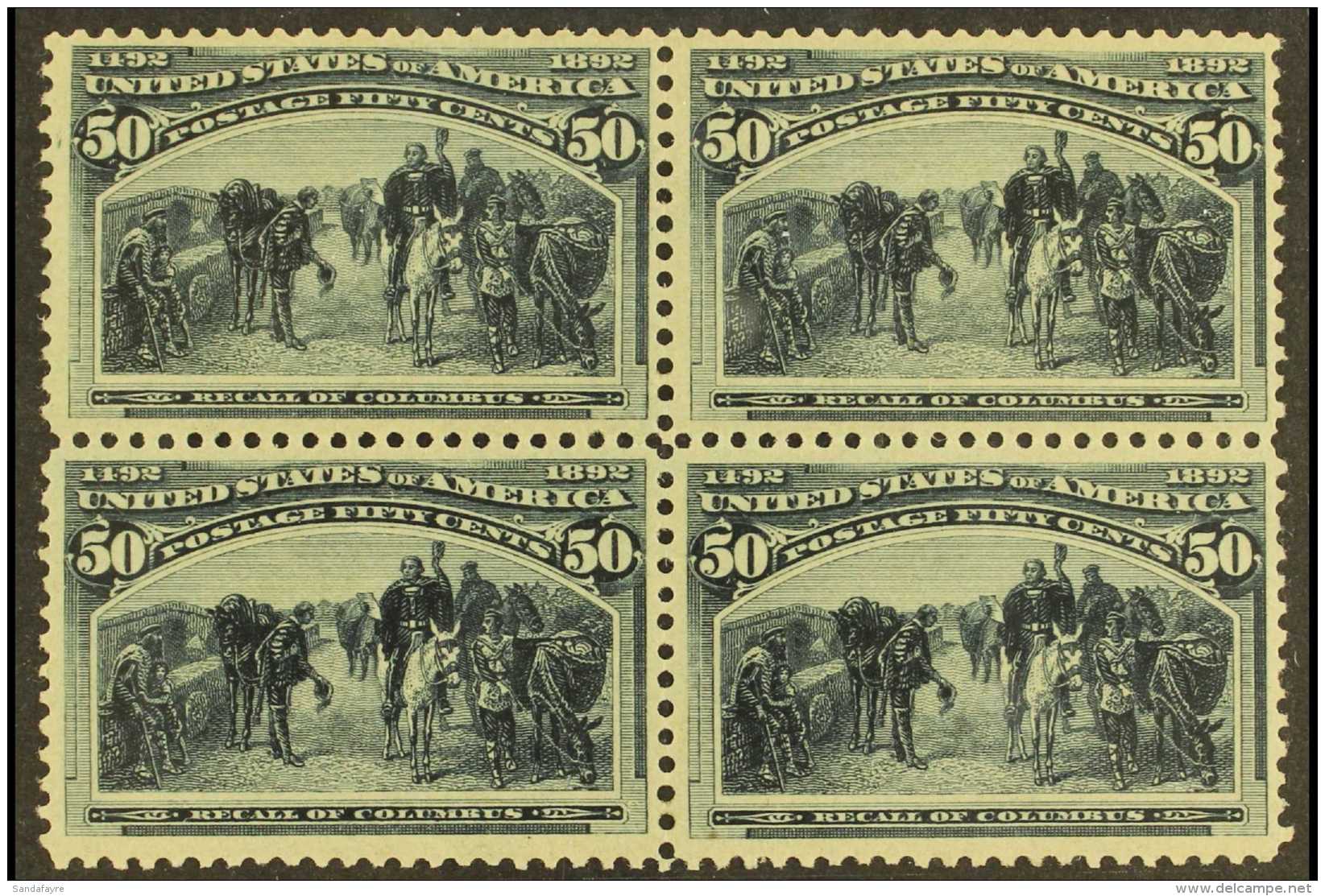1893 50c Slate Blue, "Recall Of Columbus", Sc 240, Superb Mint Block Of 4, Appears NHM But With Trace Of Previous... - Other & Unclassified