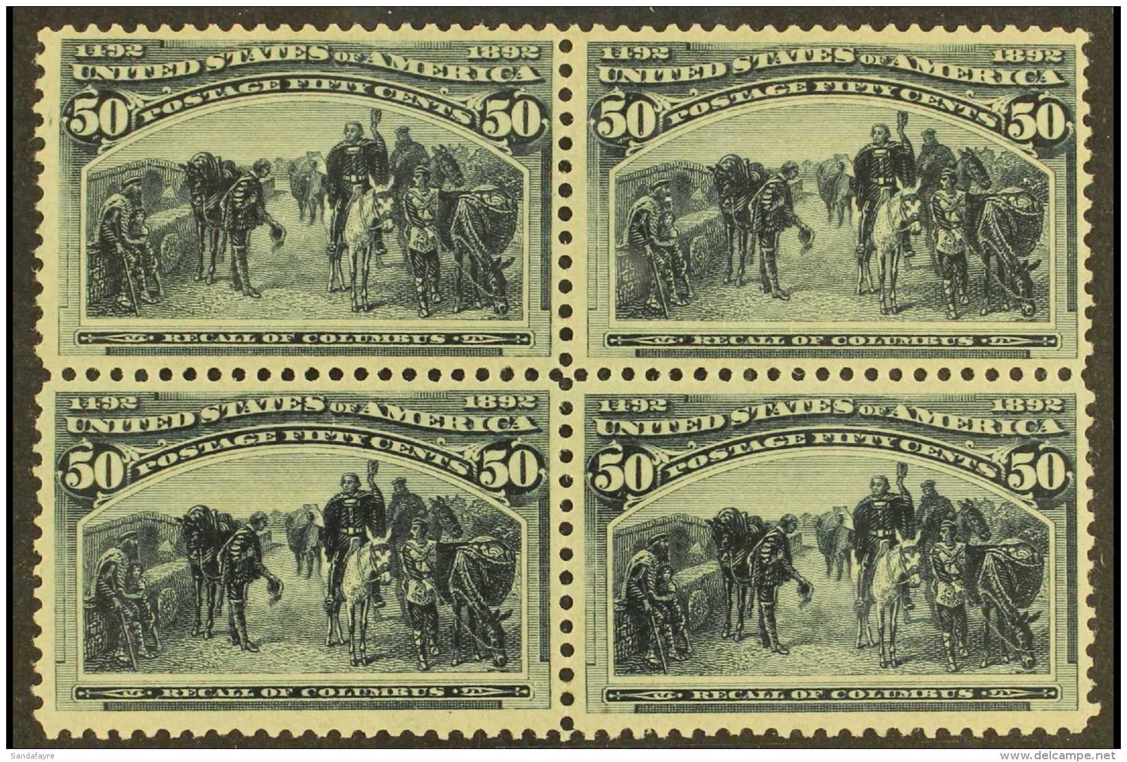 1893 50c Slate Blue, "Recall Of Columbus", Sc 240, Superb Mint Block Of 4, Appears NHM But With Trace Of Previous... - Autres & Non Classés