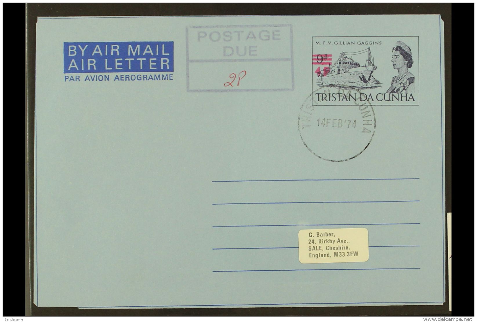 1974 4p On 9d Ship Postal Stationery Aerogramme With Address Label To England, Cancelled Per Favour By "Tristan Da... - Tristan Da Cunha