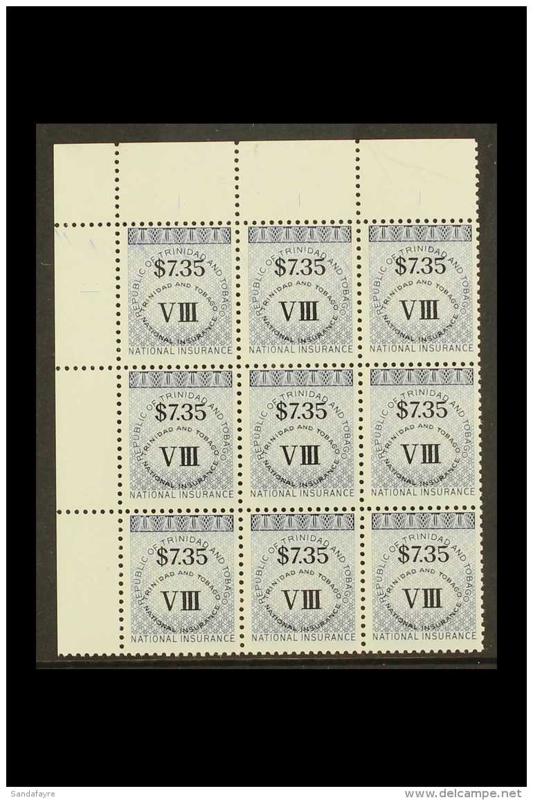 REVENUES NATIONAL INSURANCE 1990 $7.35 Class VIII Error In Dark Blue, Barefoot 14, Never Hinged Mint BLOCK OF 9.... - Trinité & Tobago (...-1961)